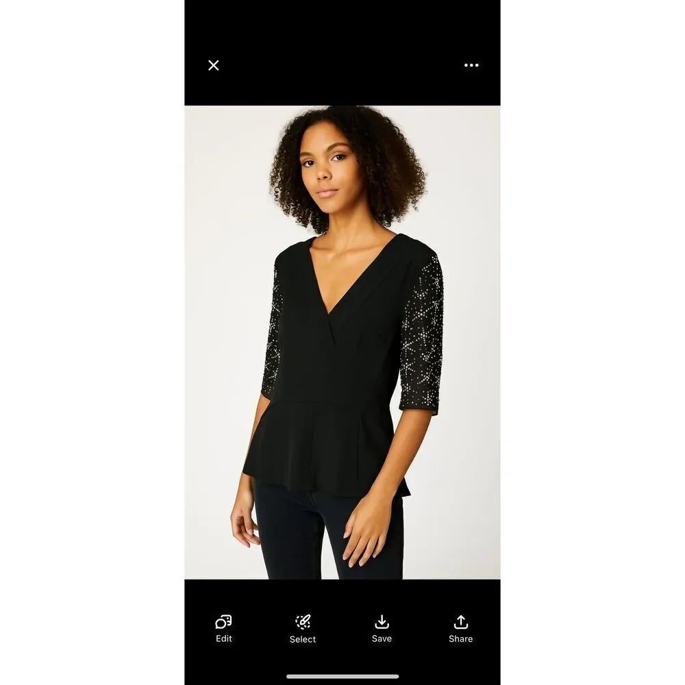 Rebecca Taylor women’s geo shimmer silk black blouse embellished peplum illusion